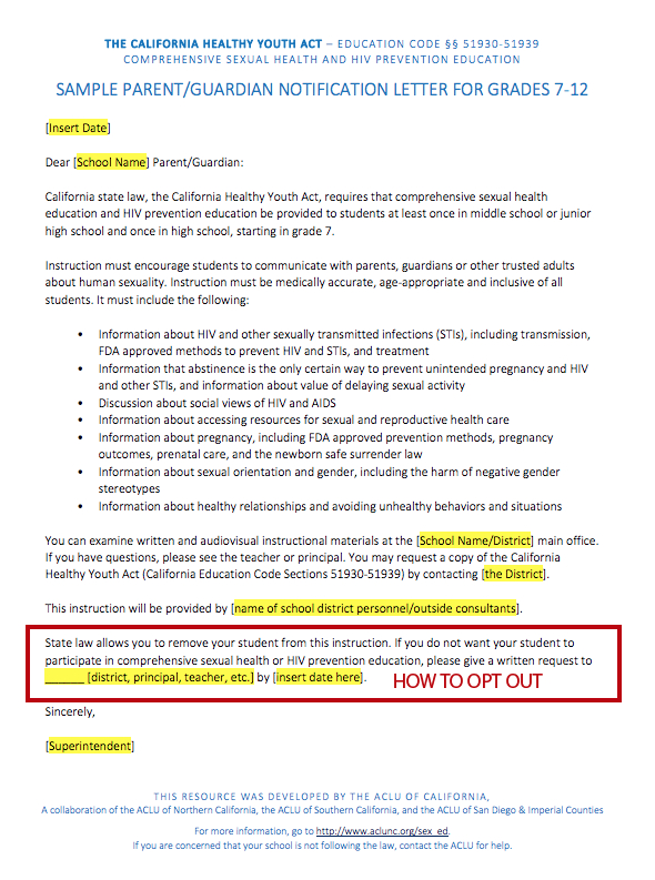 Sex ed parent information letter