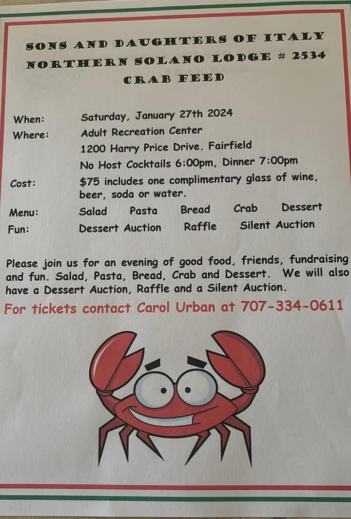 Jan 27 Sons & Daughters Of Italy, Northern Solano, Crab Feed 2024