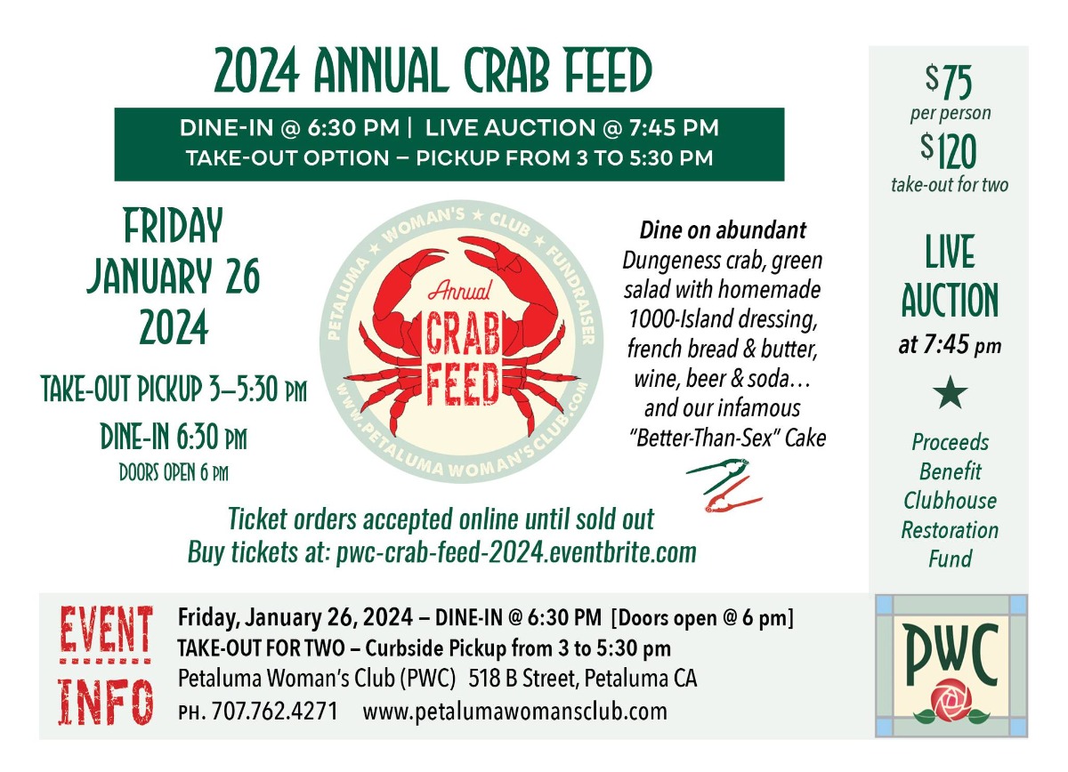 Jan 26 Petaluma Woman's Club Crab Feed InPerson Or ToGo 2024