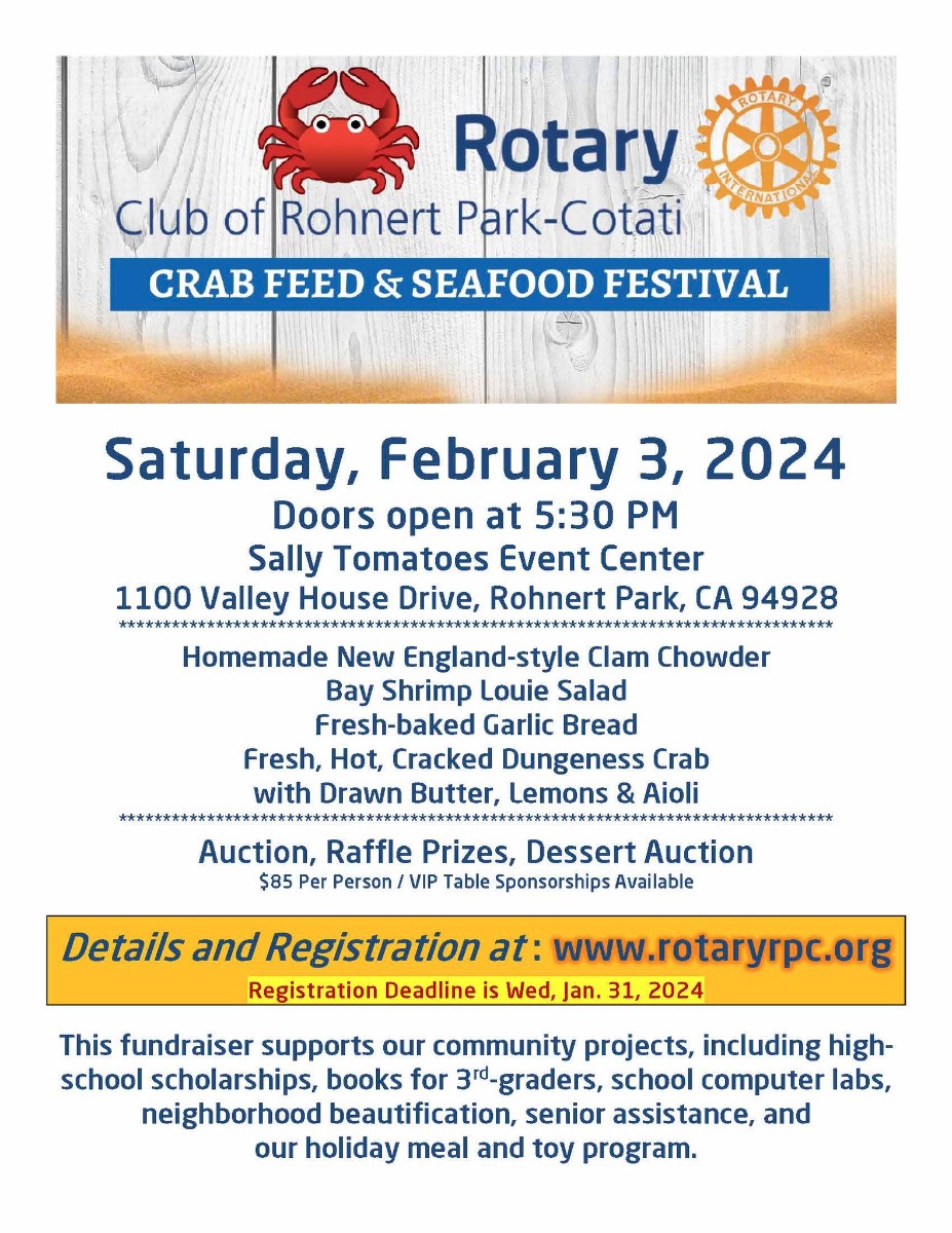 Feb 3 Rotary Club Crab Feed & Seafood Festival 2024 Rohnert Park