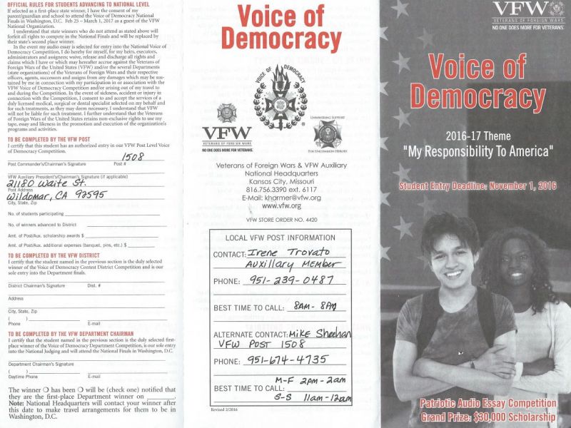Personal Reflective Essay Example The Vfw Invites You To Participate In The Voice Of Democracy Audioessay Contest Lake Elsinore Ca Patch Othello Iago Essay also Shawshank Redemption Essay Topics High School Students The Vfw Invites You To Participate In The French Essay Phrases