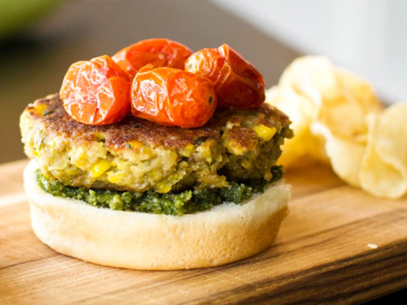 Meatless Monday Summer Corn Veggie Burgers with Sunflower Seed Pesto