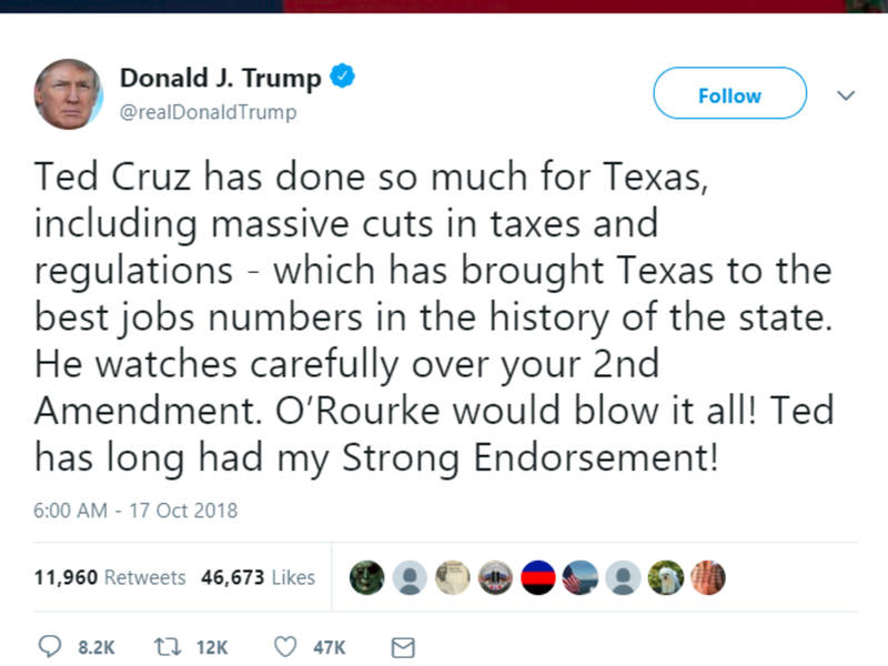 Donald Trump Praises Cruz, Takes Shot At O'Rourke On Twitter