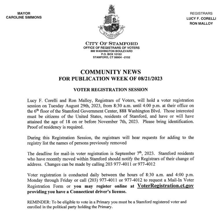 Aug 29 Voter Registration Session Stamford, CT Patch