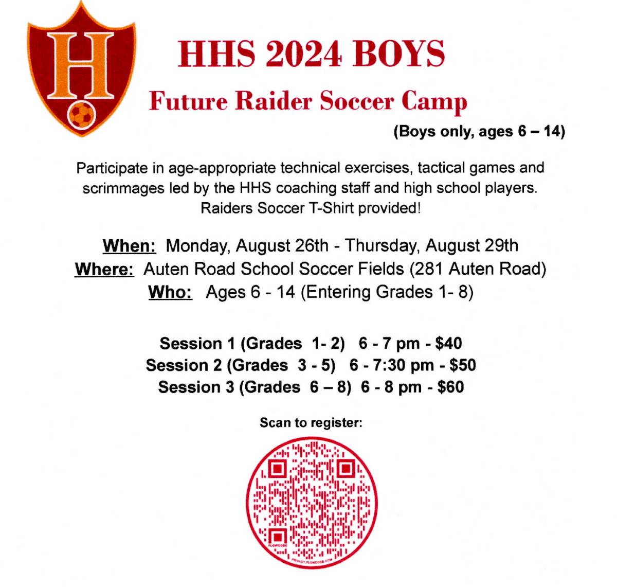 Aug 22 FRC Boys Soccer Camp 8/268/29 Pay Vemno or Cash / Check on